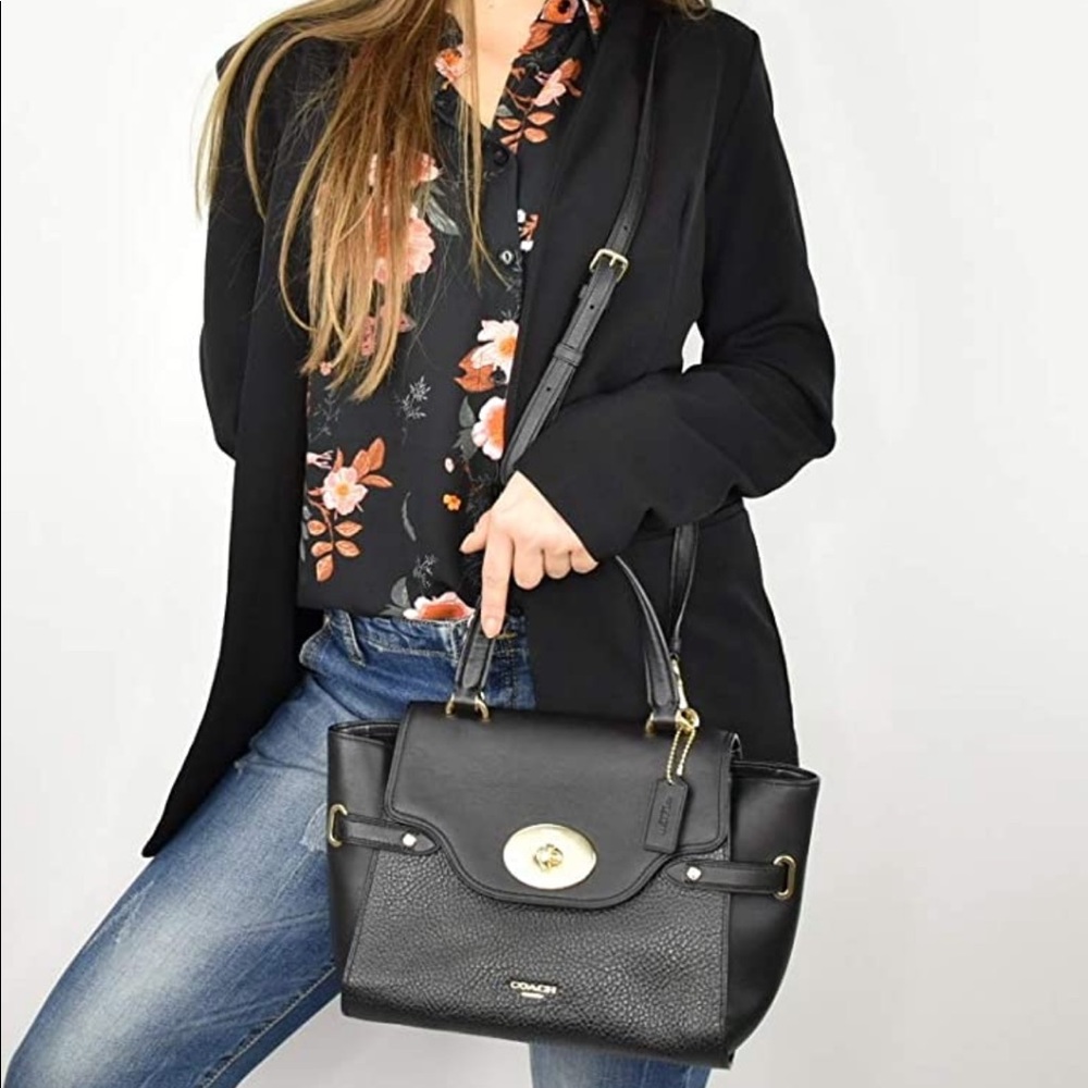 Coach Black Medium/Large Blake Leather Flap Carryall Purse Style: F32106 - Picture 2 of 4